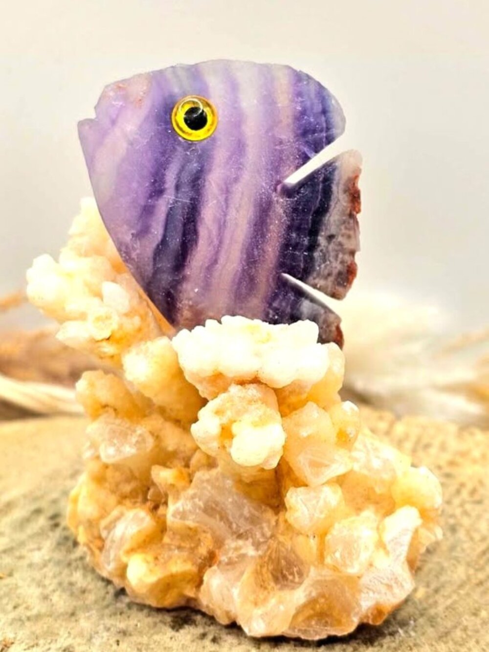 Nature Fluorite Hand Carved Fish With Calcite Stalactite Cluster